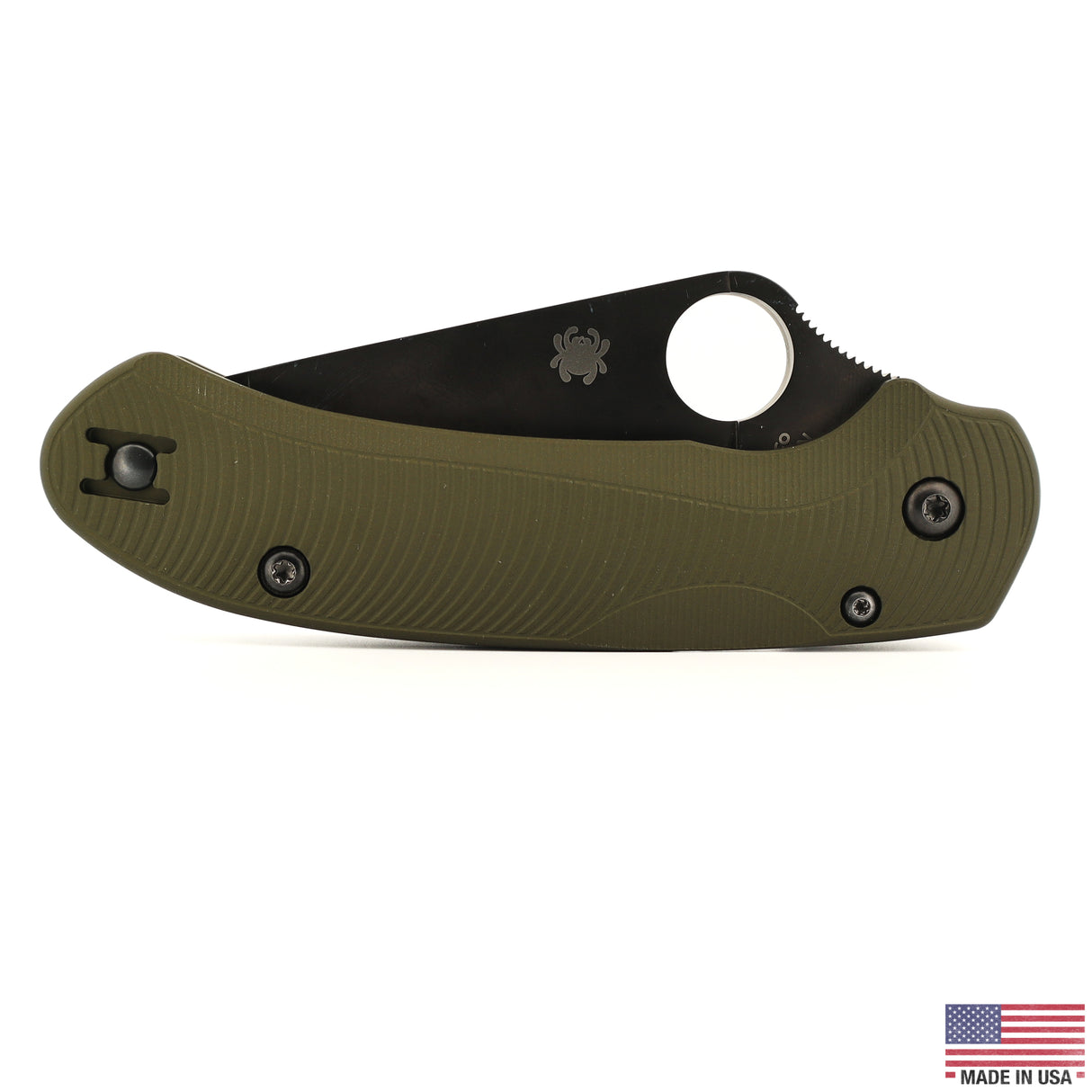 Spyderco Para 3 LW aluminum scale, Type III hardcoat anodize in Olive Drab, Flow Path pattern