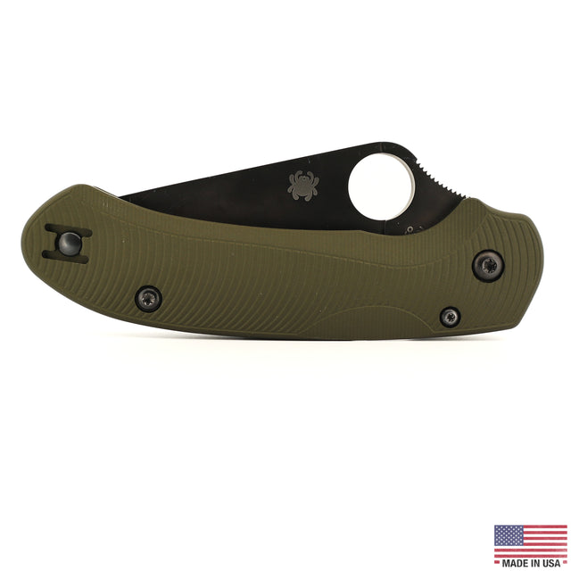 Spyderco Para 3 LW aluminum scale, Type III hardcoat anodize in Olive Drab, Flow Path pattern